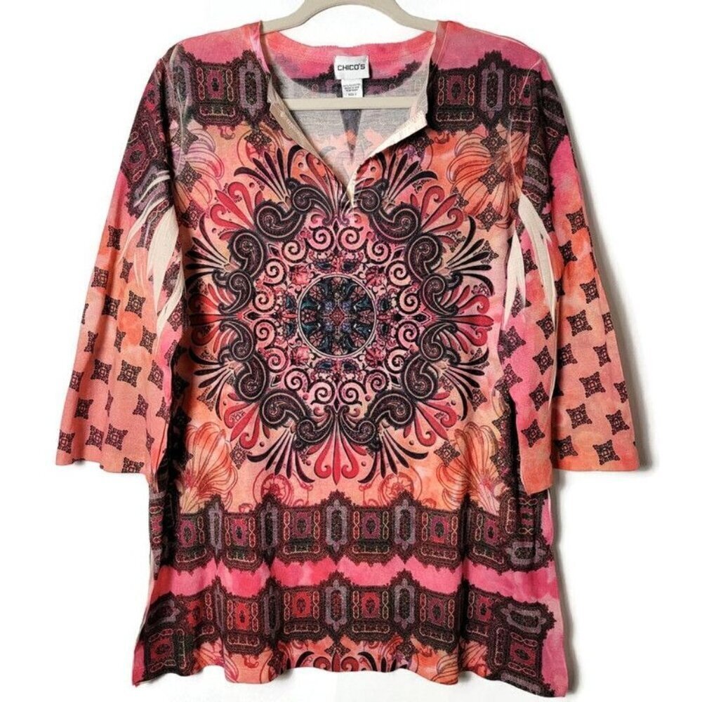 Chico's Pink Embellished Rhinestone Mandala Y2K Look 3/4 Sleeves Blouse Size 2